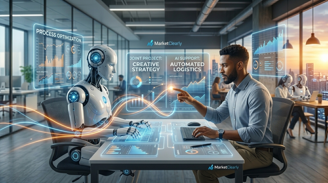 ​AI helping a human professional in a modern 2026 office environment to optimize job performance instead of replacing it.