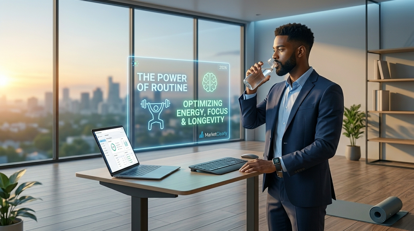 Professional man balancing work and health by standing at a desk and drinking water in 2026.