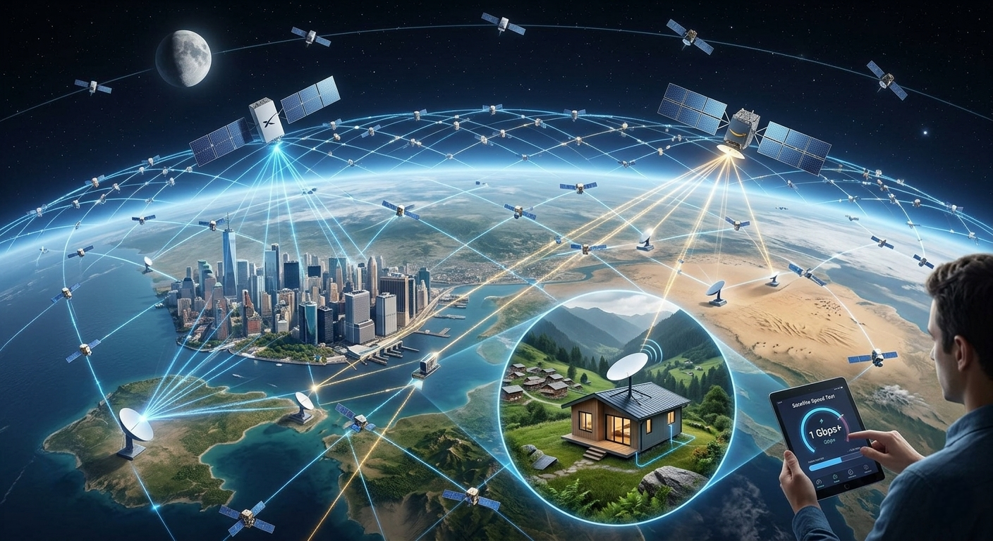 Satellite Internet Market 2026 showing Starlink and Amazon LEO satellites connecting global cities and rural areas.