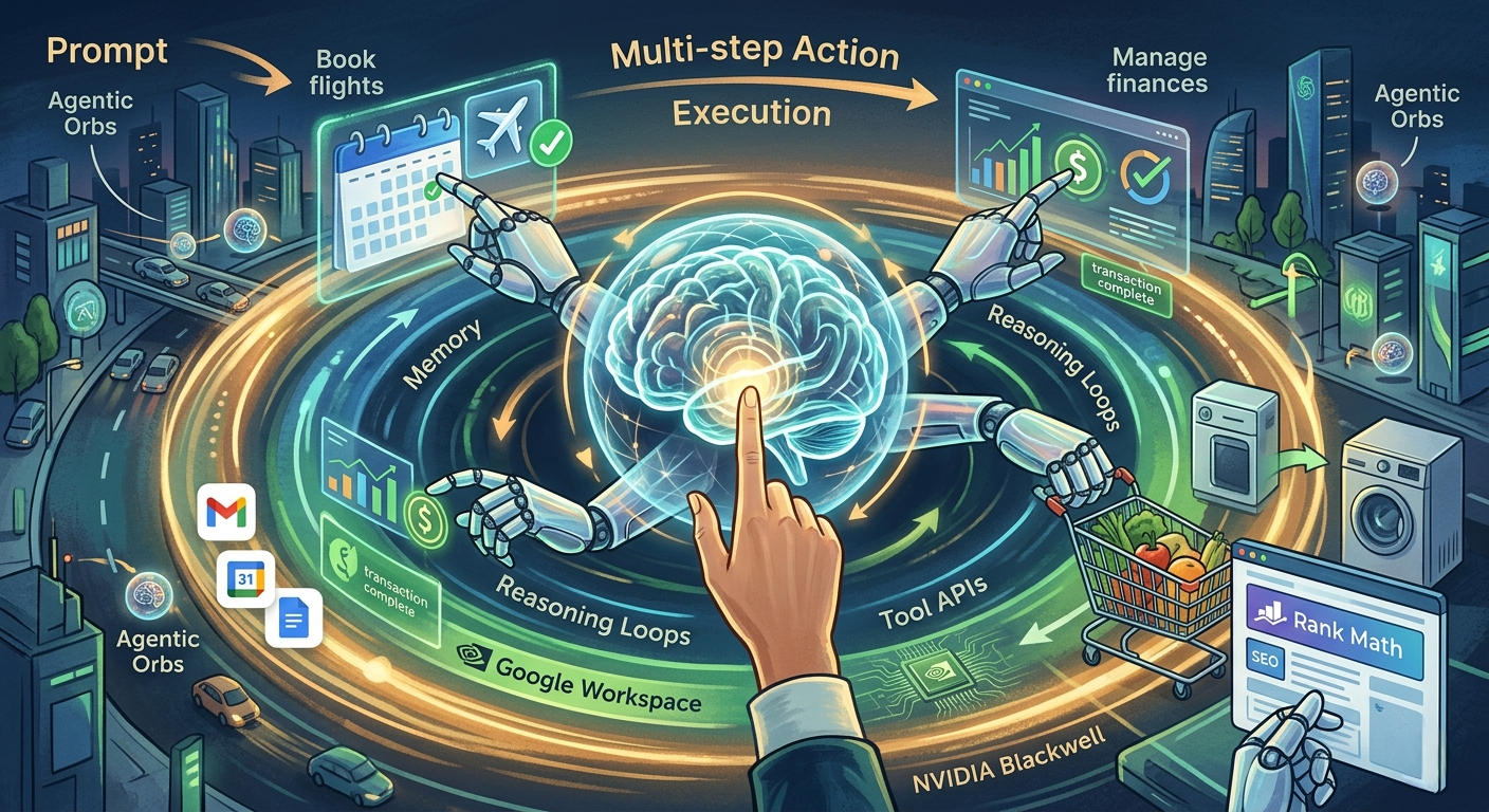 Agentic AI workflow chart showing digital agents performing multi-step actions like booking flights and managing finances