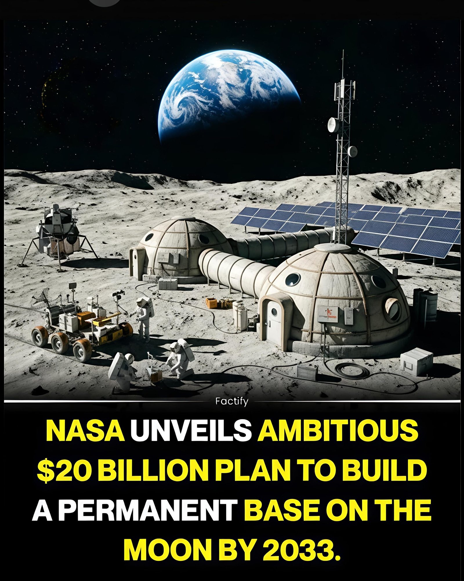A cinematic view of a permanent human base on the moon with Earth in the background.