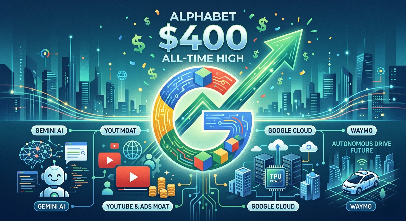 Infographic showing Alphabet (Google) stock hitting $400 all-time high with icons for Gemini AI, YouTube, Google Cloud, and Waymo self-driving cars on a futuristic digital city background.