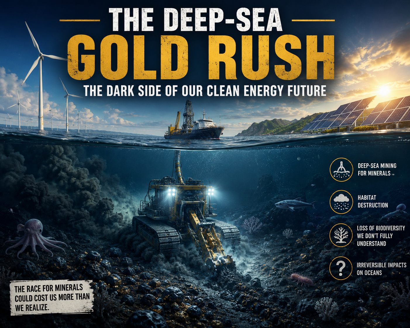 Heavy robotic vehicle analyzing the deep-sea mining environmental impact on the ocean floor.
