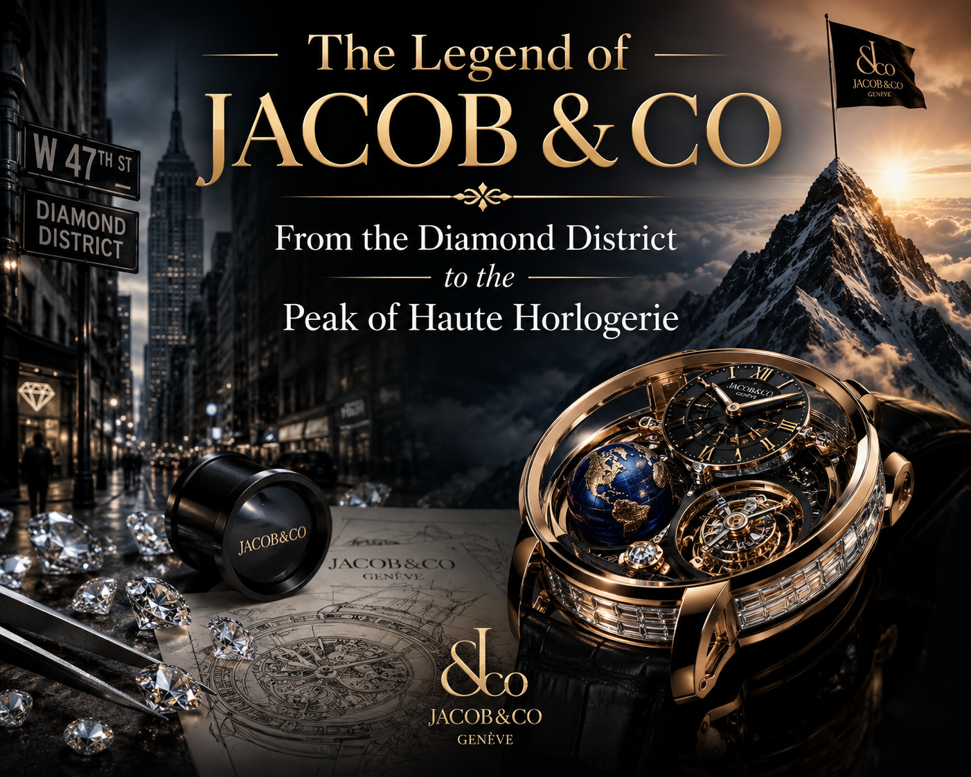 A close-up photograph of a luxury Jacob & Co. watch with intricate diamond settings, showcasing the focus on craftsmanship and extreme price.