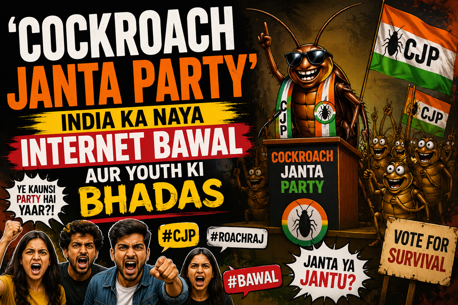 Group of young Indians using digital platforms for political expression and protest under the CJP banner.
